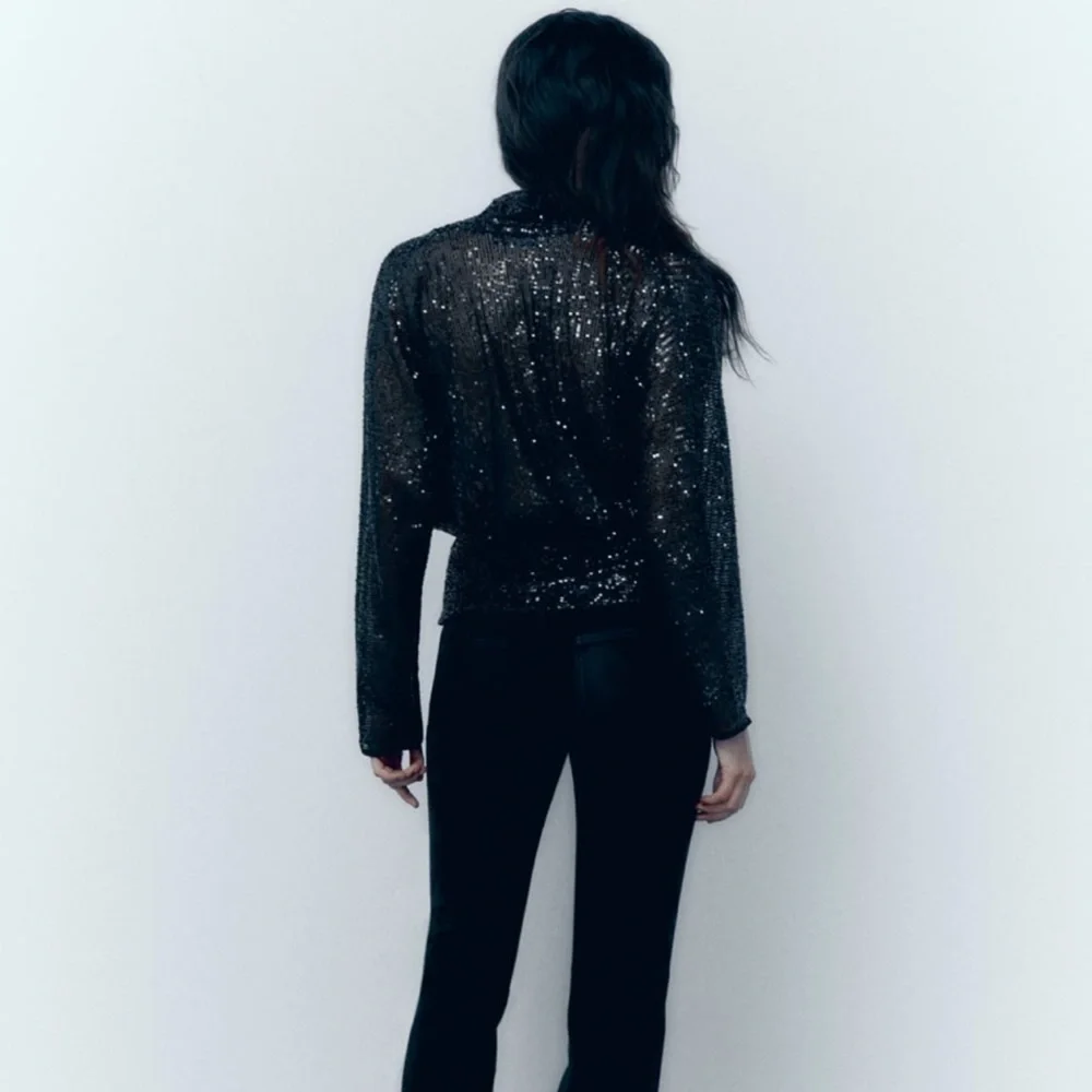 NWT Zara Draped Black Sequin Blouse - Picture 2 of 13